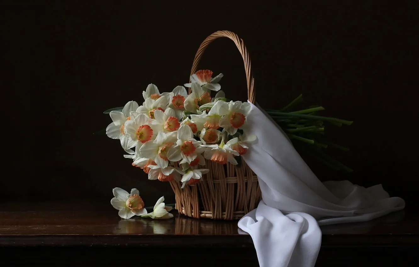 Photo wallpaper white, basket, daffodils, the dark background