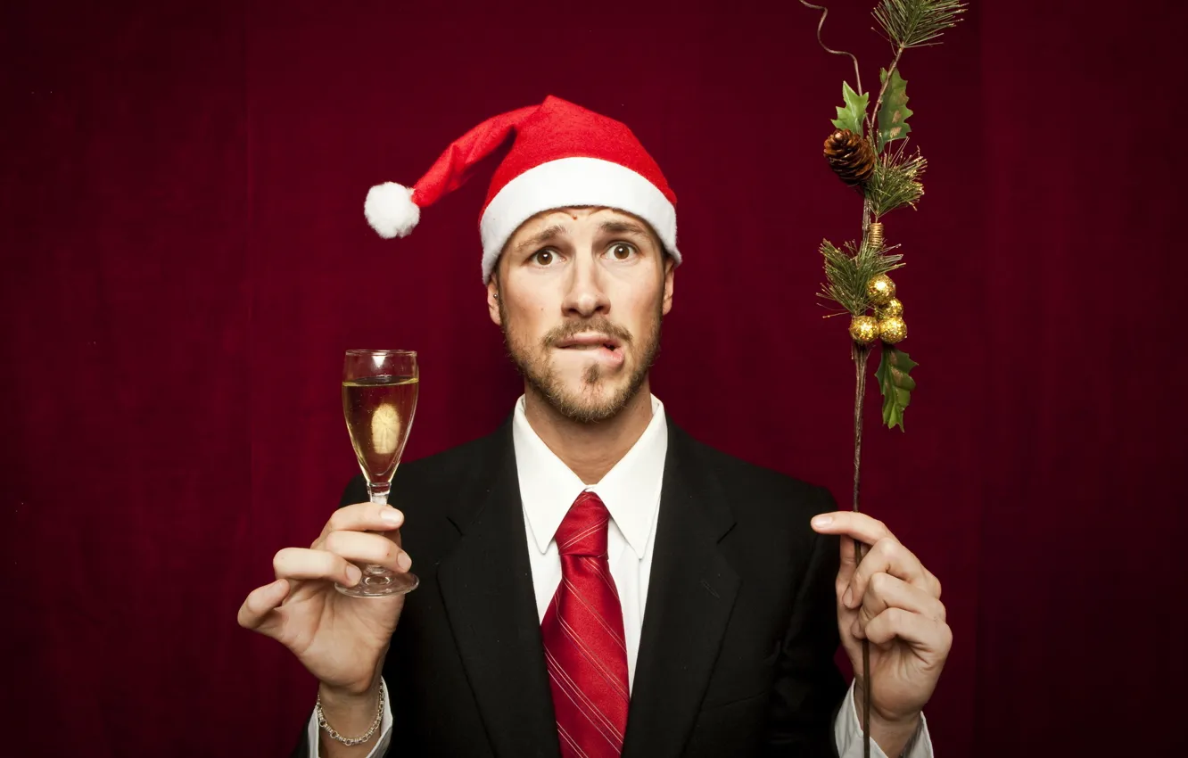 Photo wallpaper new year, champagne, in the header, Christmas background, with a glass of, the guy in …
