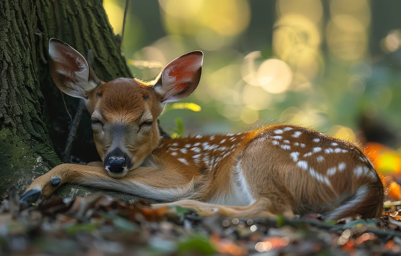 Photo wallpaper baby, lies, fawn, digital art, AI art, The Art of Artificial Intelligence, neural network, tree