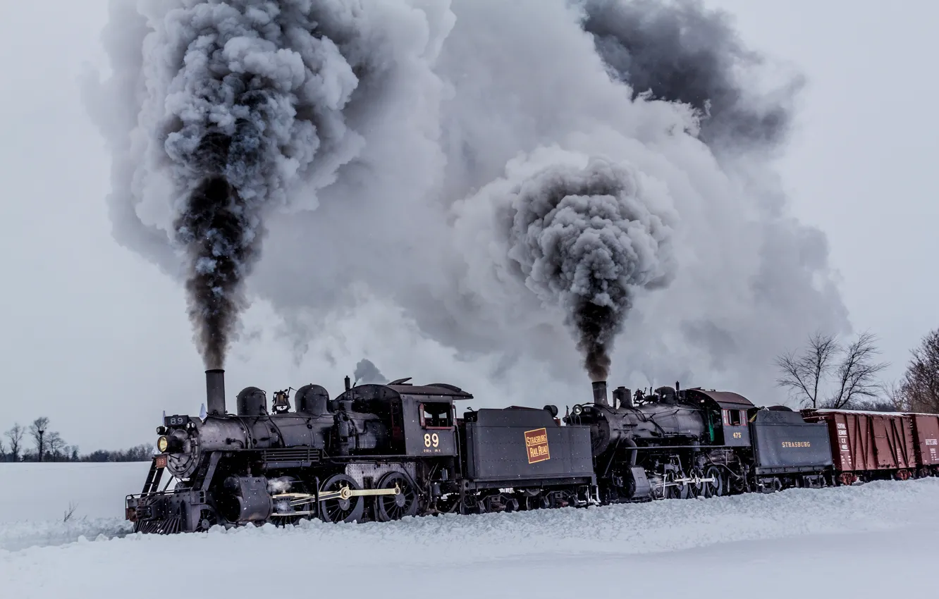 Photo wallpaper winter, nature, smoke, cars, trains, locomotives