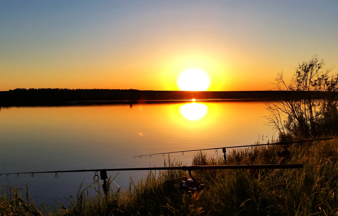 Photo wallpaper summer, sunset, lake, fishing, the evening