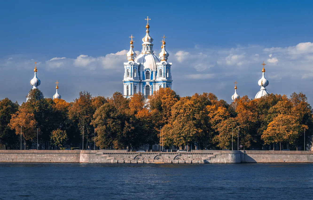 Photo wallpaper autumn, landscape, the city, river, Peter, Saint Petersburg, temple, dome