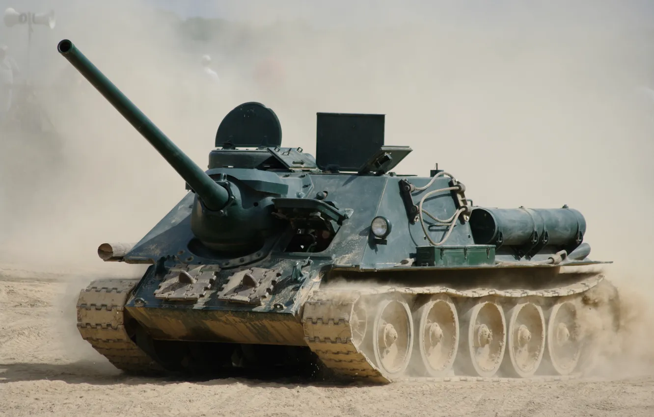Photo wallpaper war, dust, fighter, tank, installation, Soviet, SU-100, (SAU)