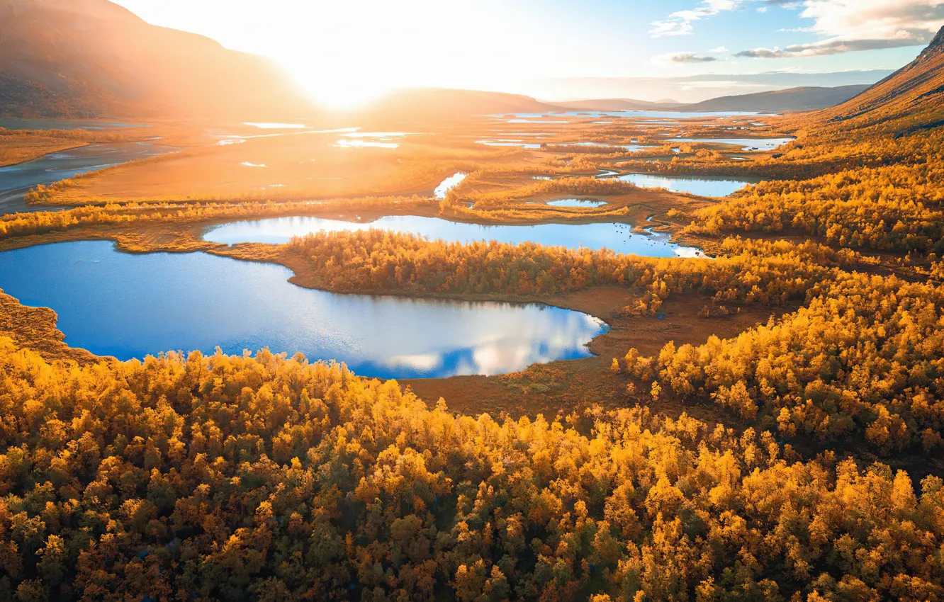 Photo wallpaper autumn, the sky, trees, lake, Sweden, Sunrise, Lapland, Lapland