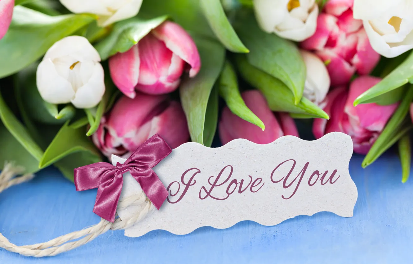 Photo wallpaper tulips, note, bow, I love you, I love you, Tulips
