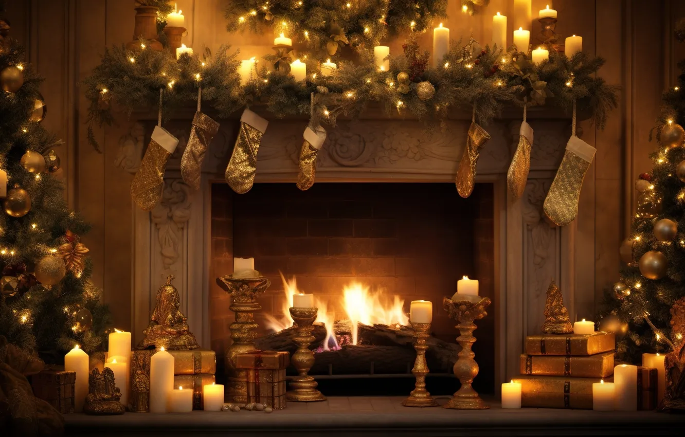 Photo wallpaper decoration, room, gift, balls, tree, new year, interior, Christmas