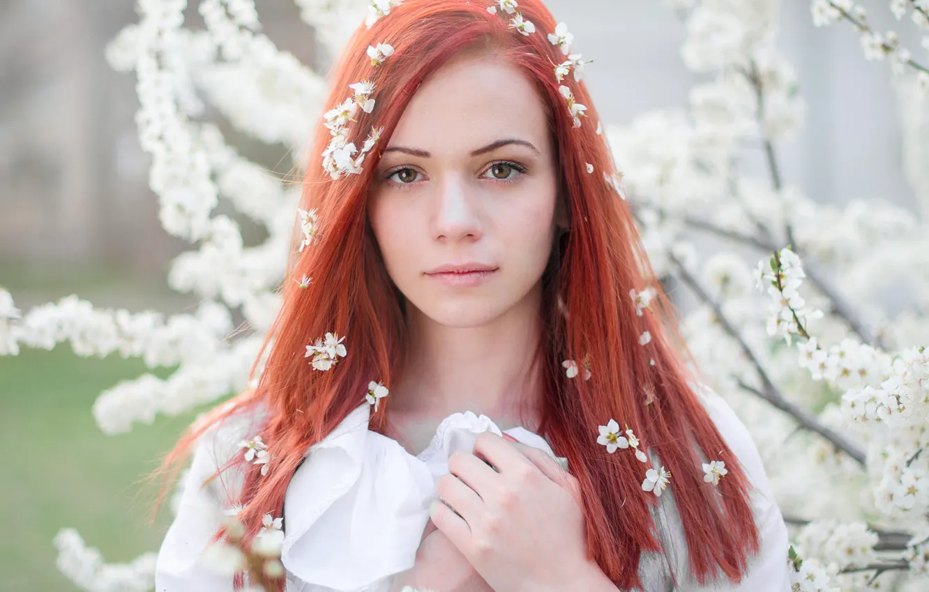 Photo wallpaper portrait, spring, flowering, redhead
