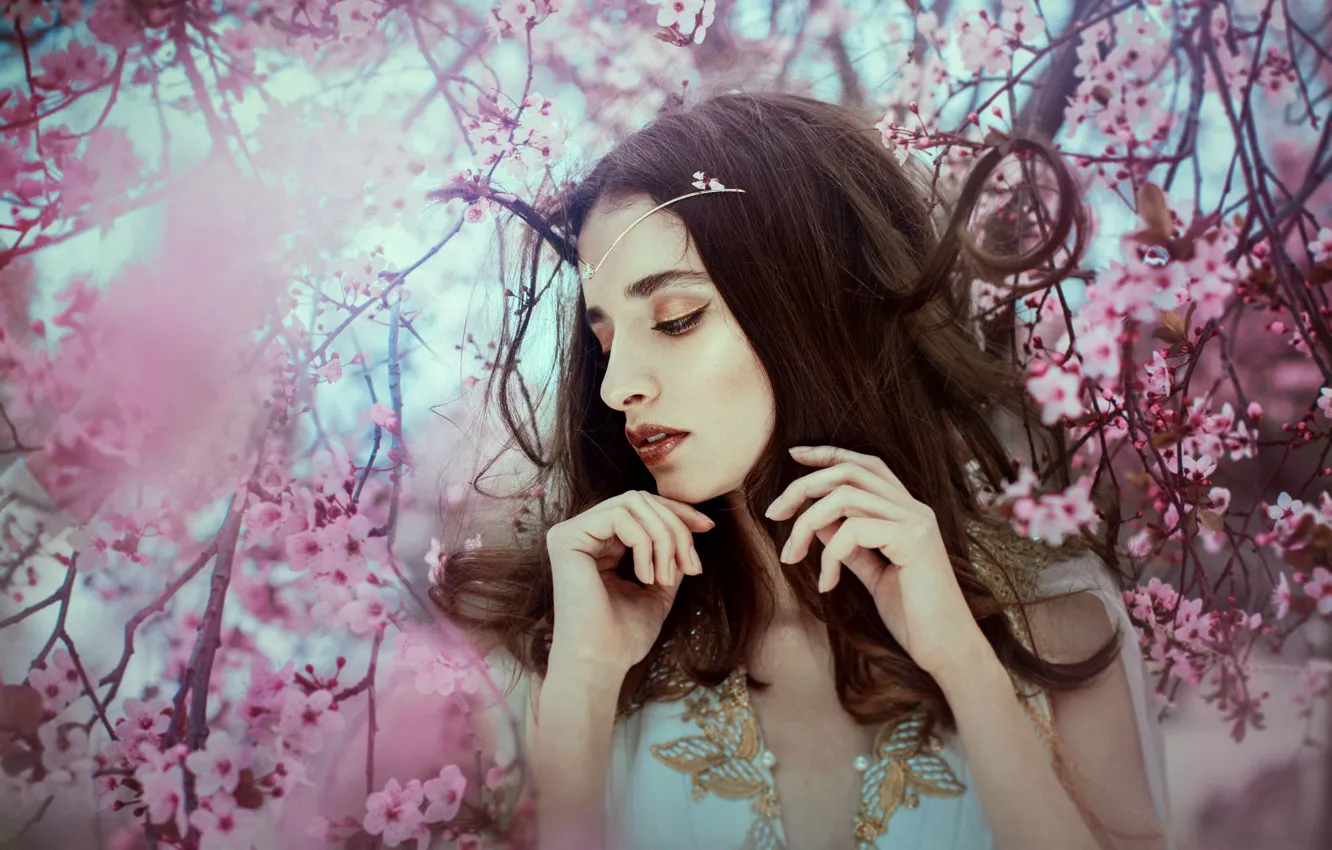 Photo wallpaper girl, trees, branches, face, mood, spring, hands, makeup