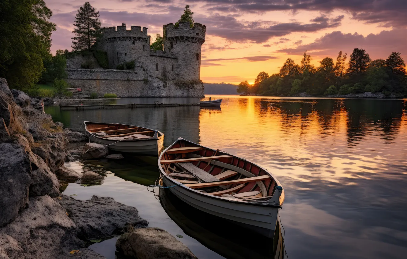 Photo wallpaper lake, castle, landscape, view, castle, ancient, Ancient