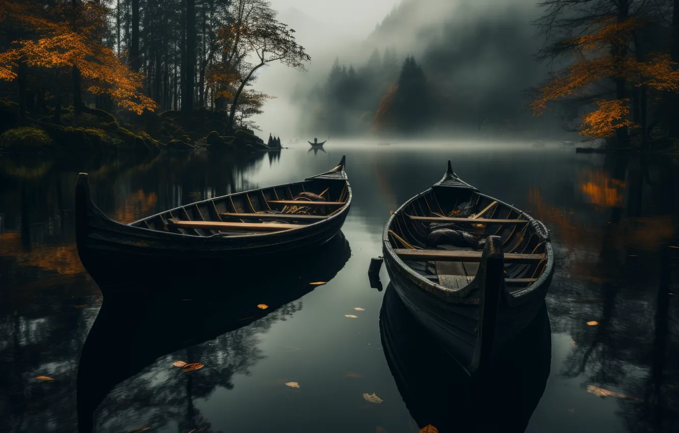 Photo wallpaper lake, boat, fall, AI Art