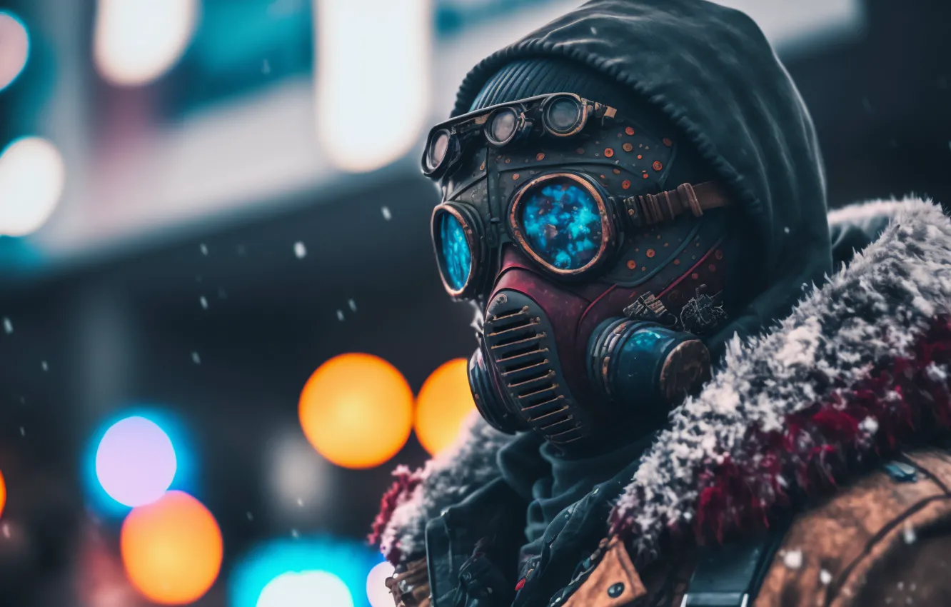 Photo wallpaper winter, snow, lights, lights, portrait, mask, glasses, hood