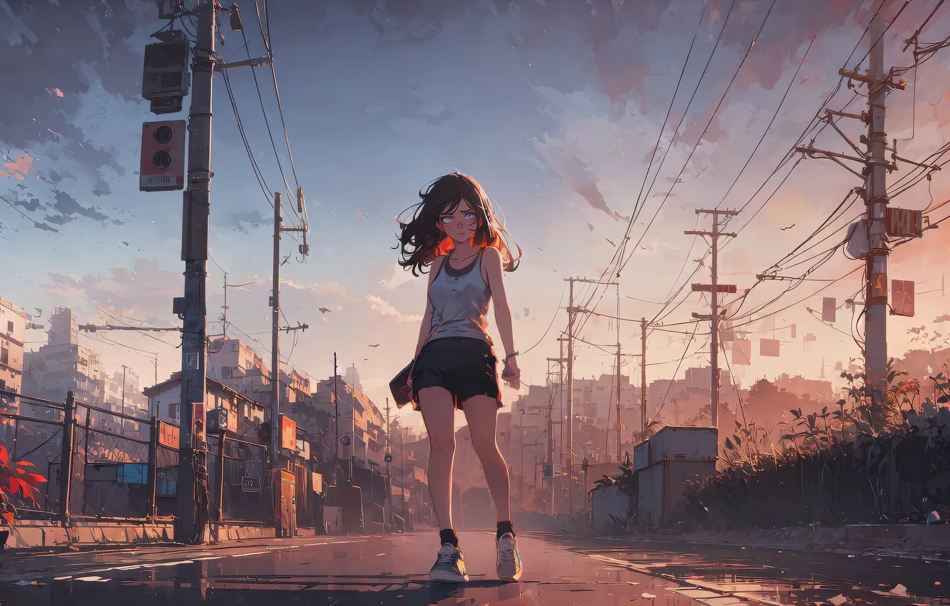 Photo wallpaper girl, anime, streets, walking, empty