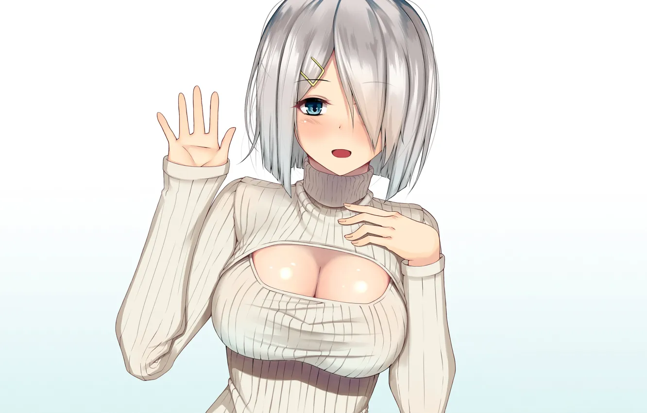 Photo wallpaper girl, sexy, cleavage, boobs, anime, blue eyes, beautiful, short hair