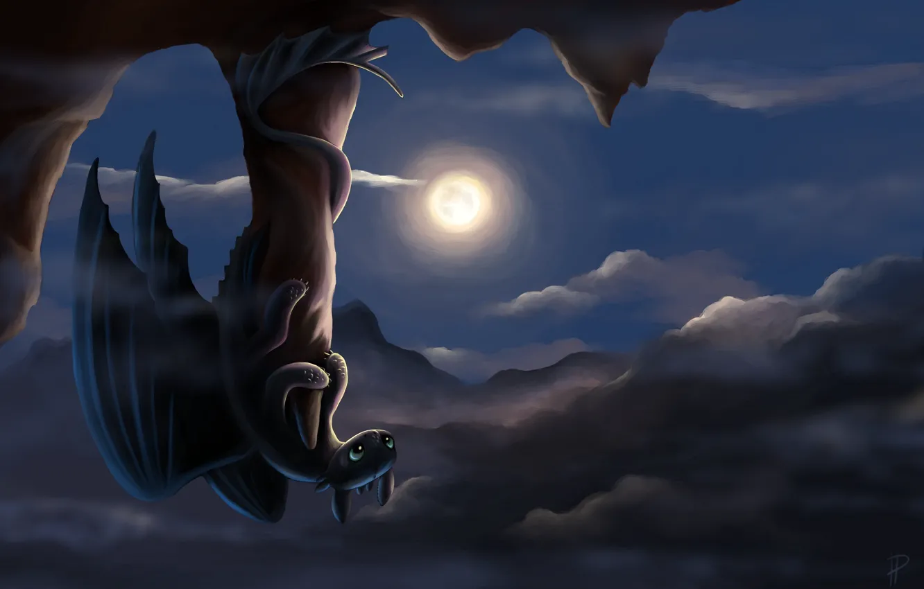 Photo wallpaper night, rocks, the moon, dragon, art, Toothless, How to train your dragon, the night fury