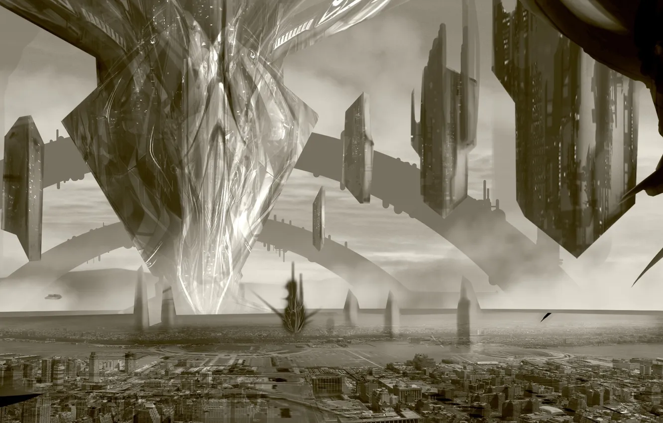 Photo wallpaper the city, building, tower, construction, art, flying