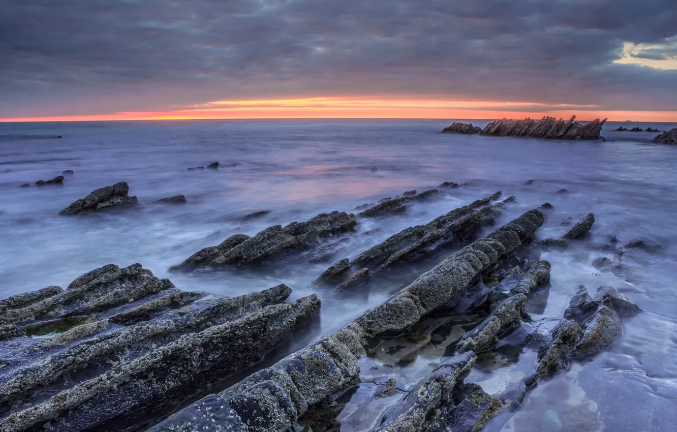 Photo wallpaper sea, the sky, sunset, clouds, rocks, shore