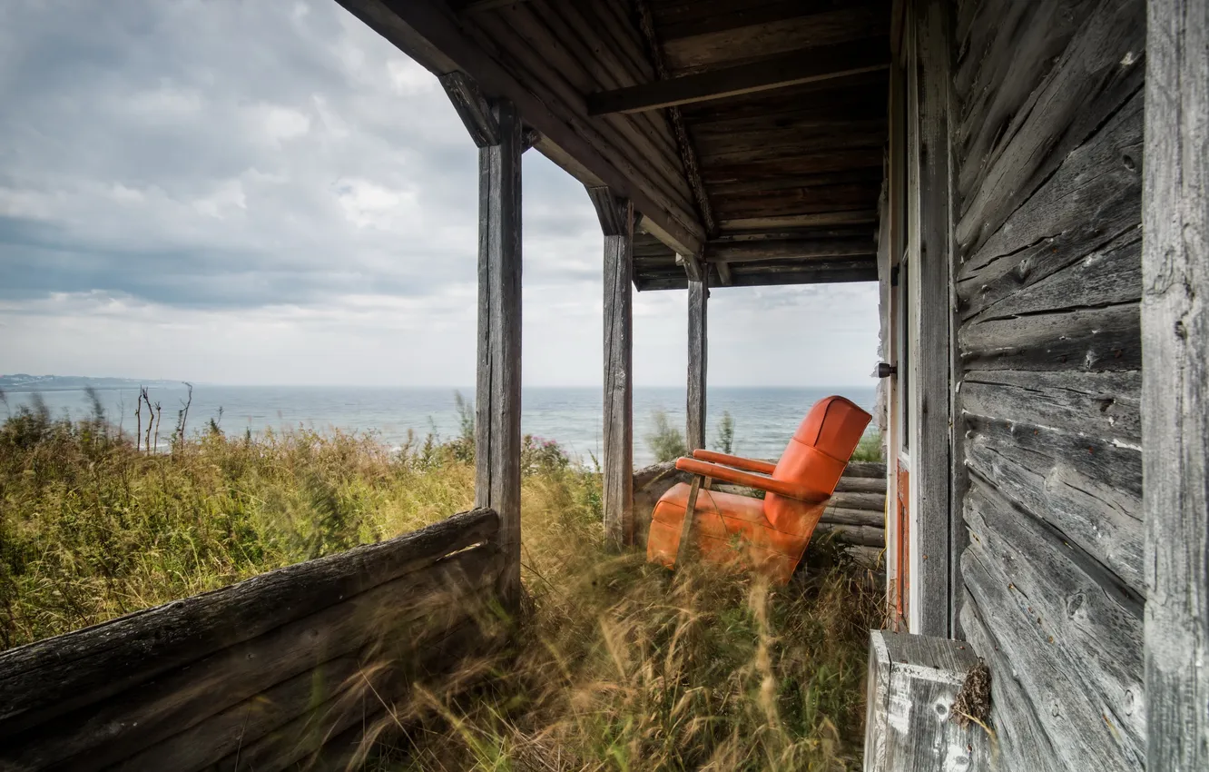 Photo wallpaper sea, landscape, house, chair