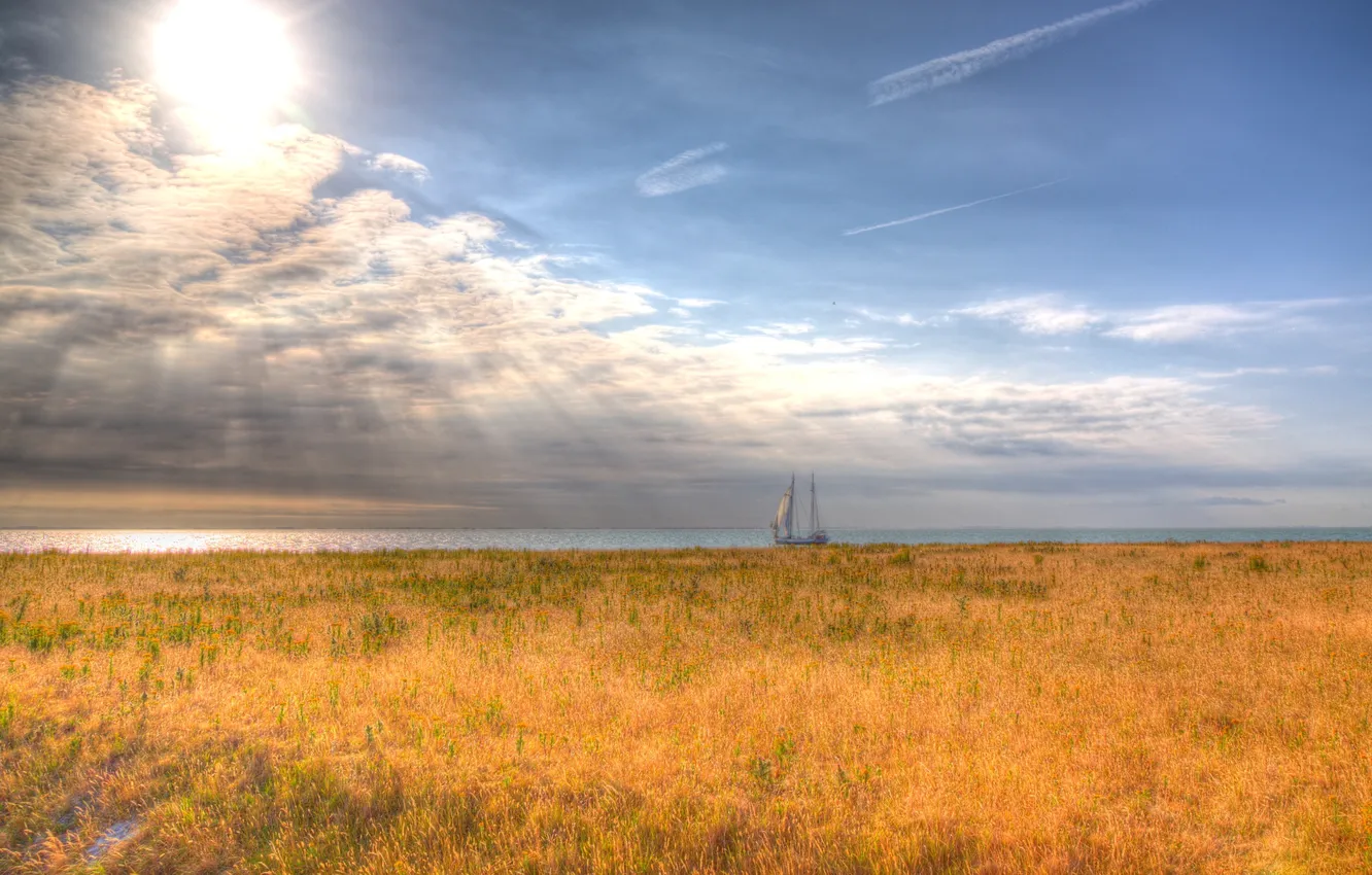Photo wallpaper field, the sky, clouds, sailboat, sunlight