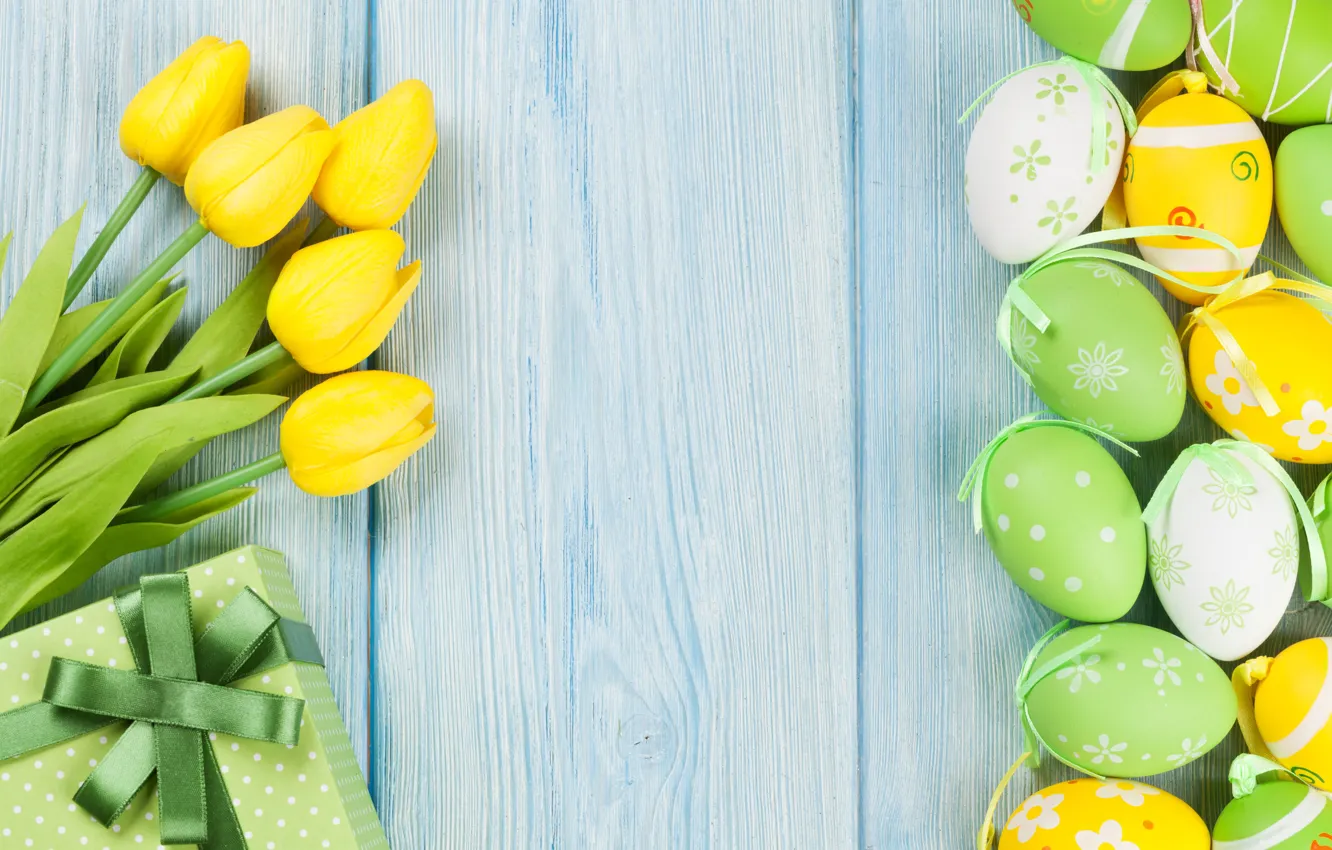 Photo wallpaper Easter, tulips, yellow, wood, tulips, spring, Easter, eggs