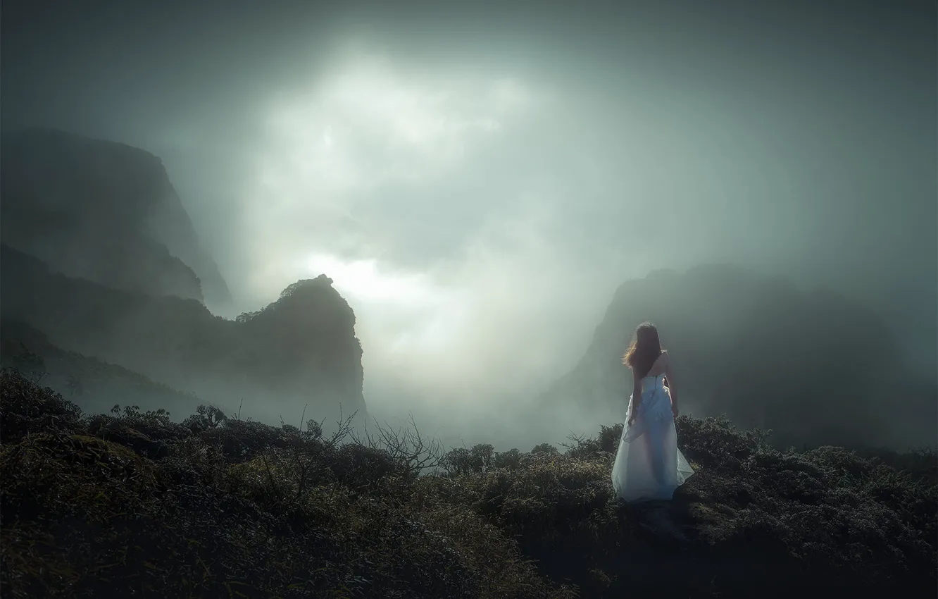 Photo wallpaper girl, clouds, mountains, fog, open, mood, rocks, romance