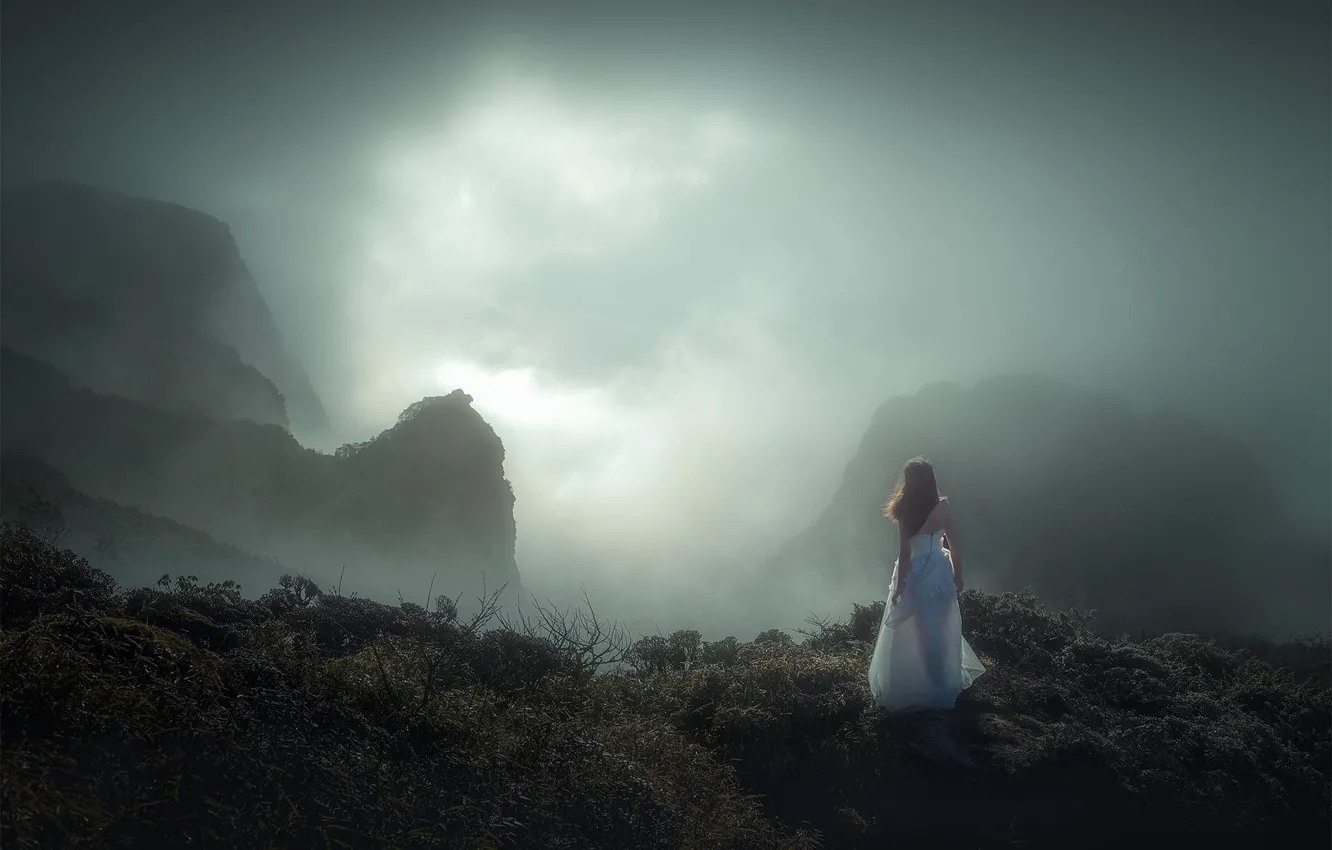 Photo wallpaper open, mountains, rear view, fog, romance, white dress, haze, mood
