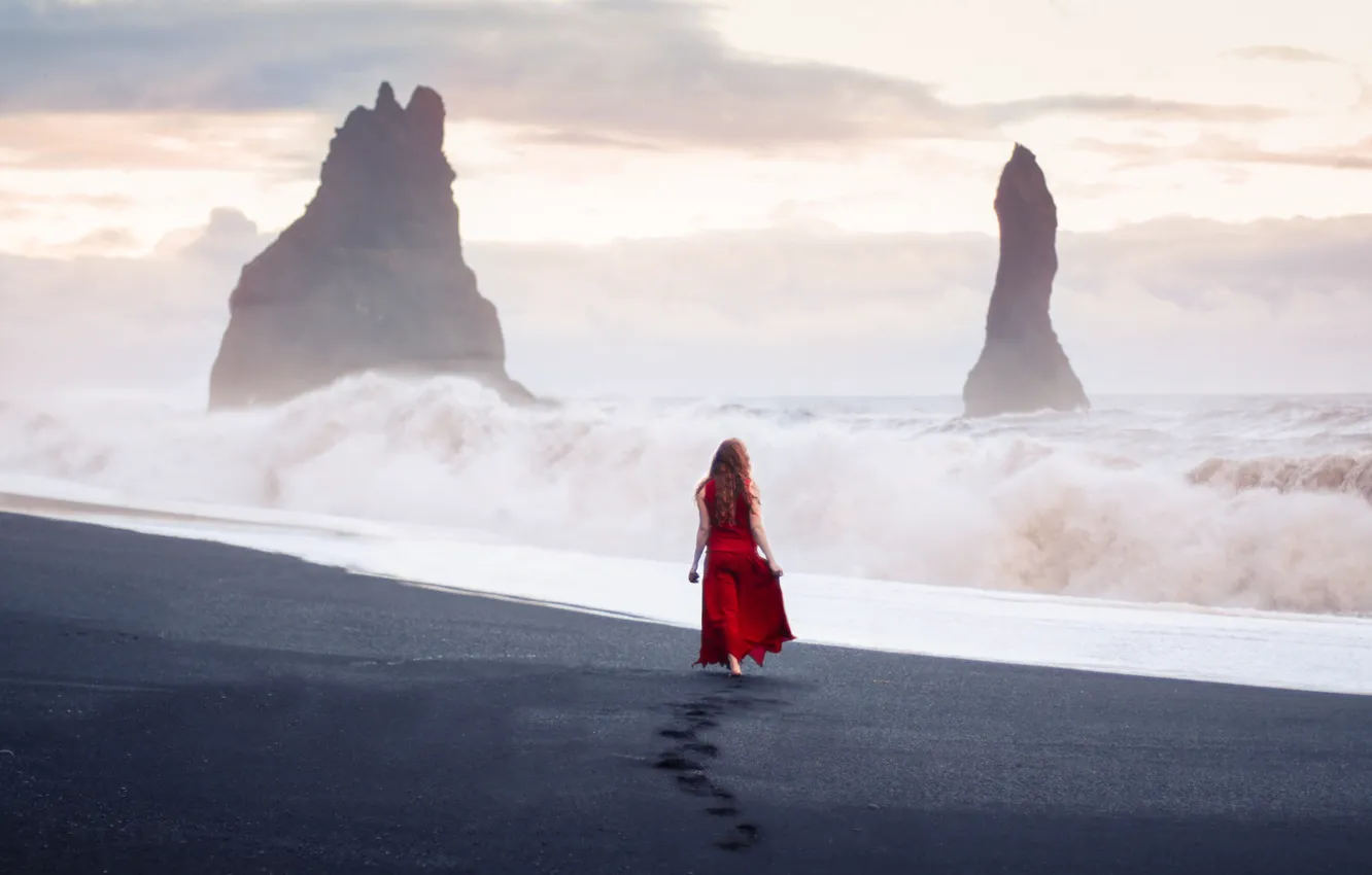 Photo wallpaper sea, wave, beach, the sky, girl, clouds, red, storm
