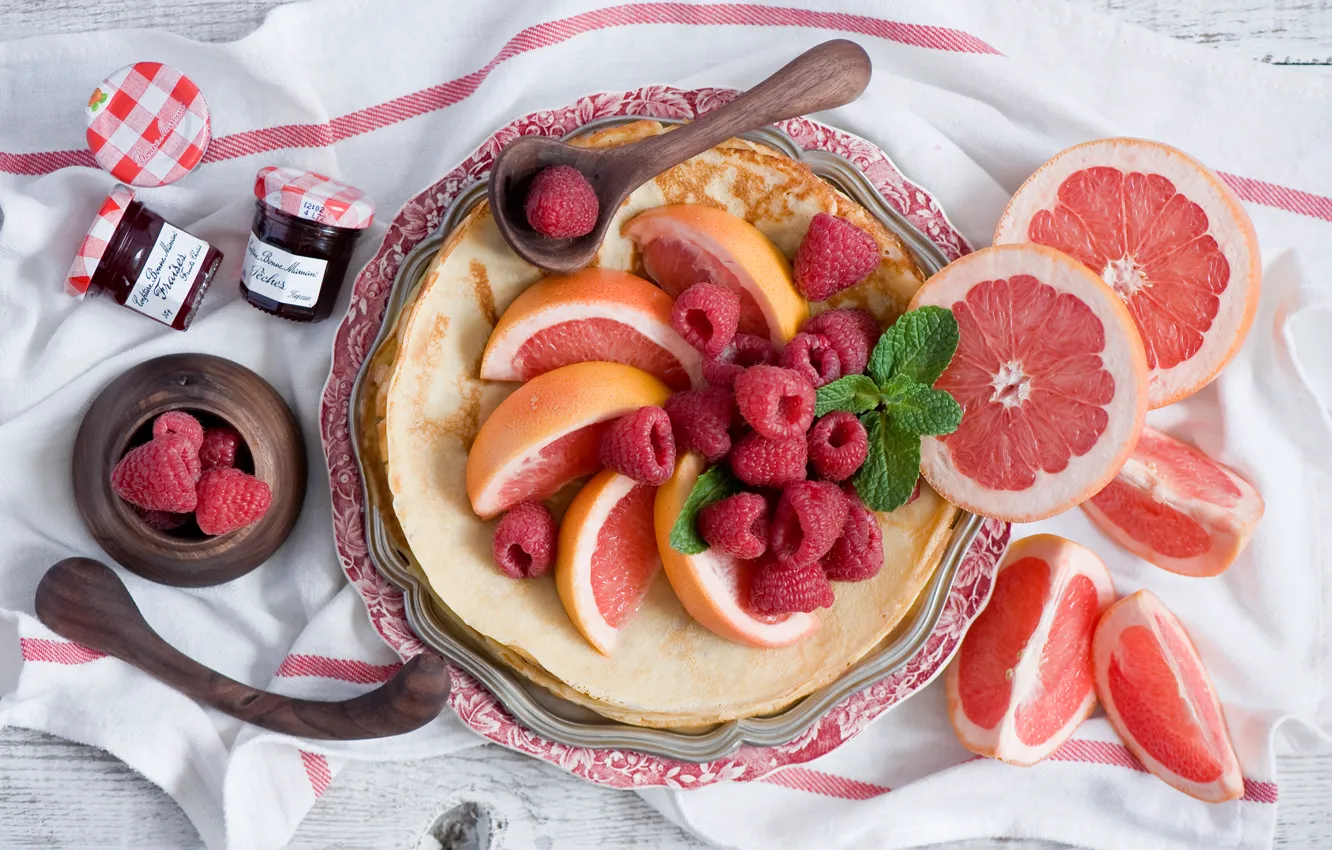Photo wallpaper berries, raspberry, food, fruit, jars, citrus, pancakes, mint