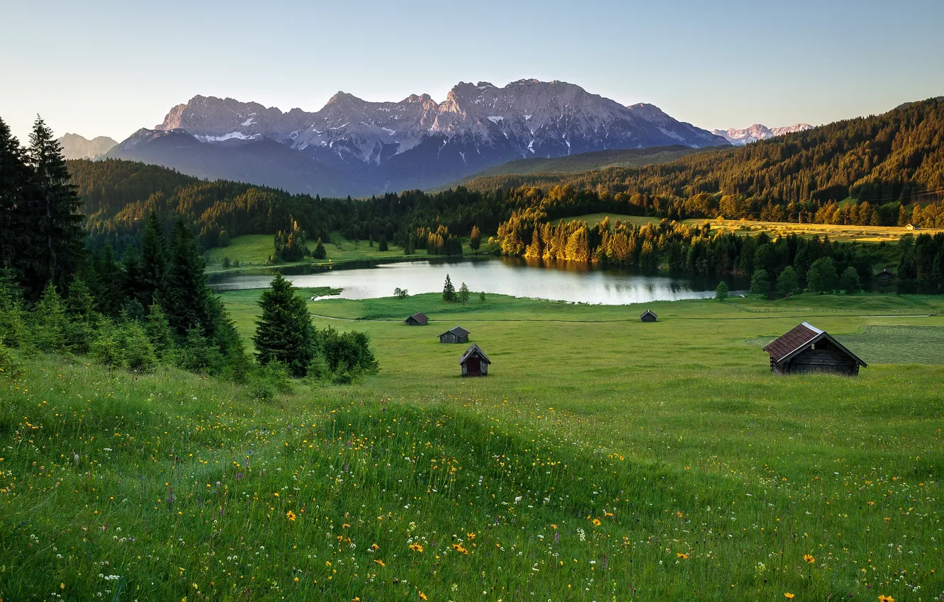 Photo wallpaper summer, mountains, lake, home, Alps, meadows