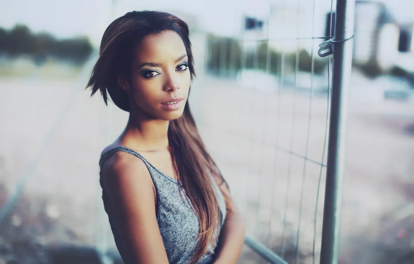 Photo wallpaper eyes, hair, the fence, beauty, lips, shirt, eyes, beauty