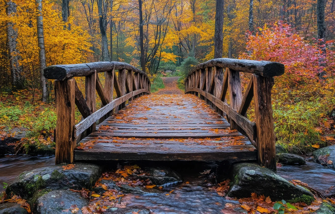 Photo wallpaper autumn, forest, water, trees, bridge, Park, stream, stones