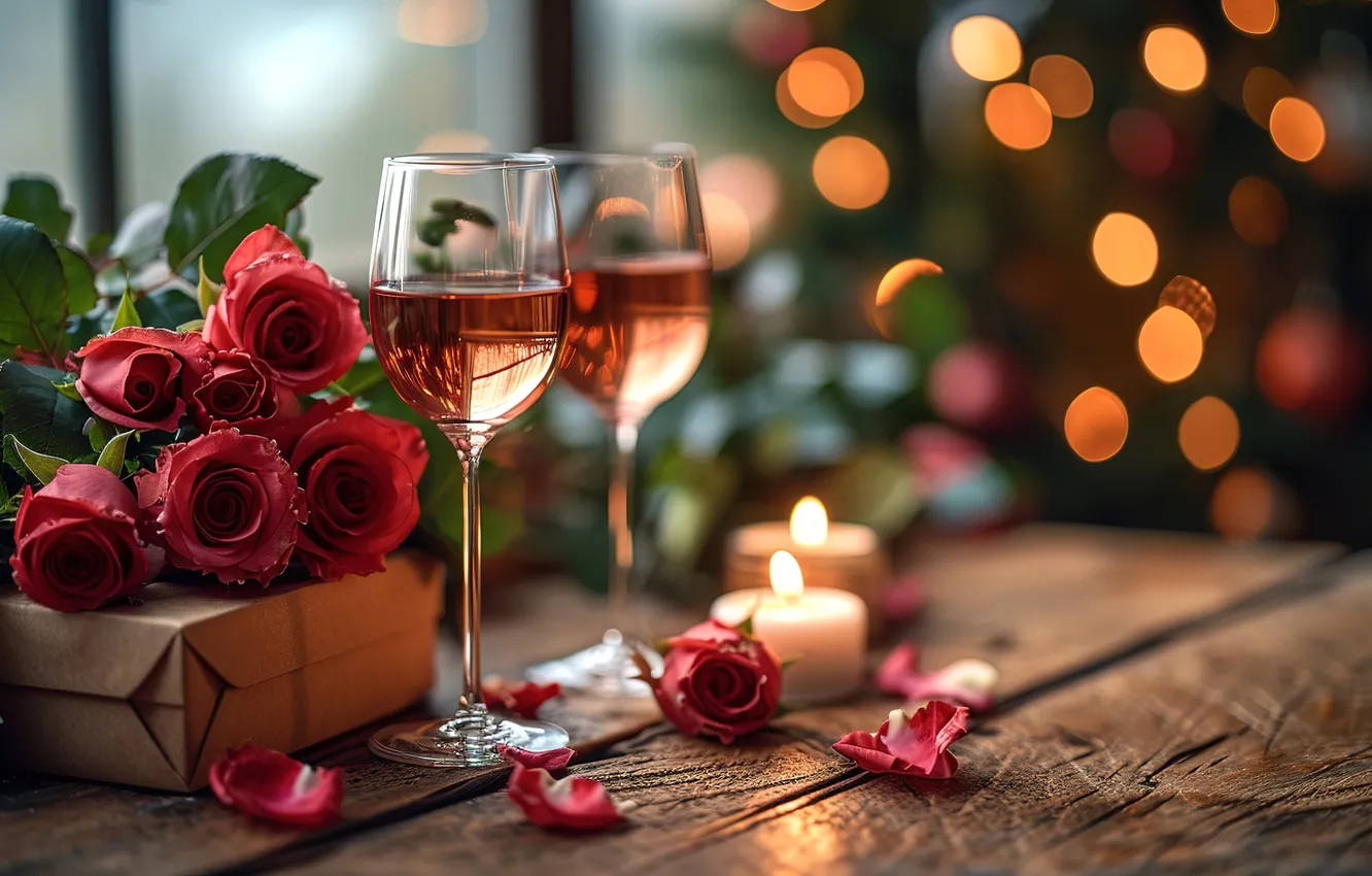 Photo wallpaper love, flowers, gift, romance, glass, roses, love, champagne