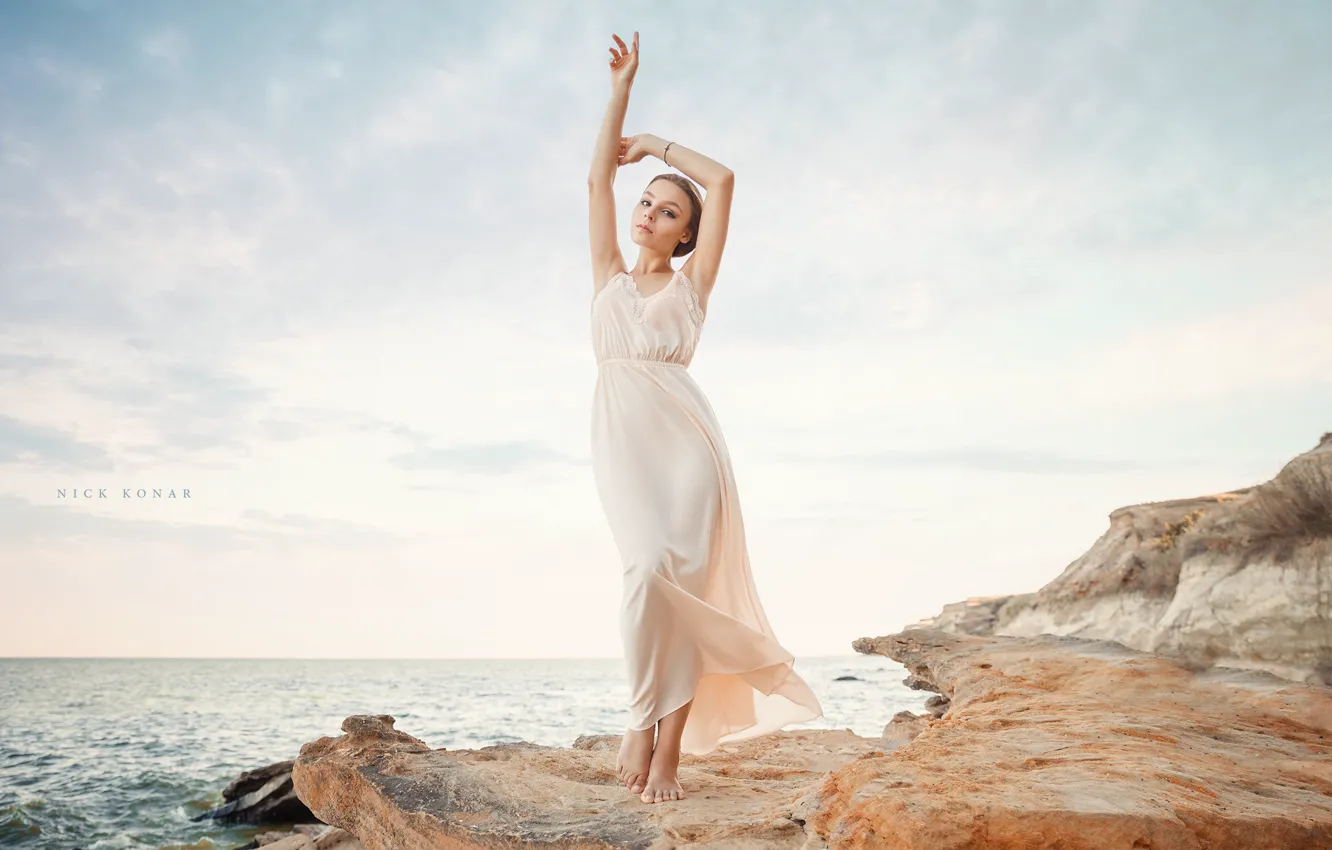 Photo wallpaper sea, girl, pose, mood, coast, hands, dress, Nikolay Konarev