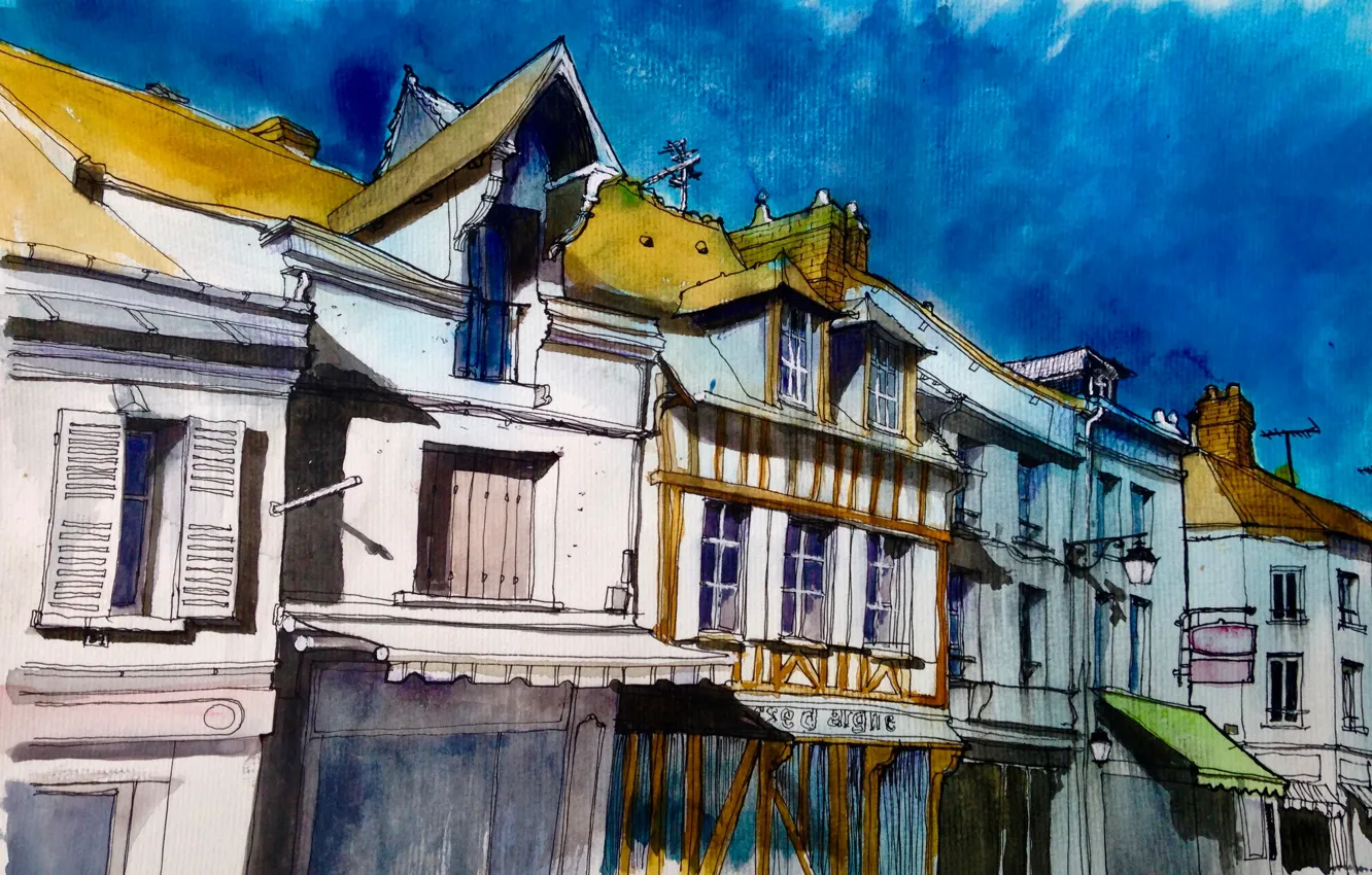 Photo wallpaper the city, figure, France, home, watercolor, Pacy-sur-Eure