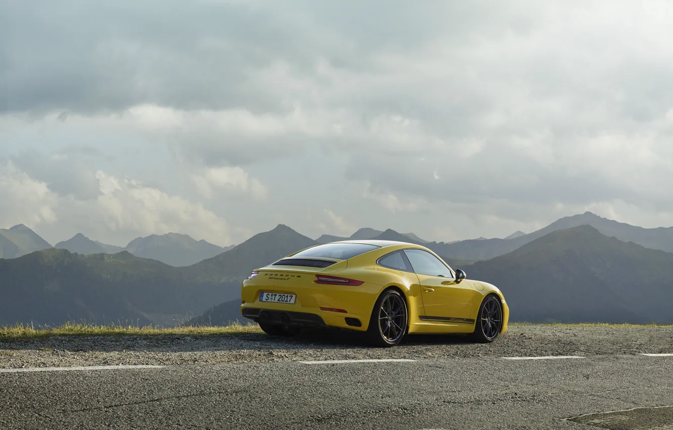 Photo wallpaper road, yellow, markup, Porsche, rear view, 2018, mountain landscape, 911 Carrera T