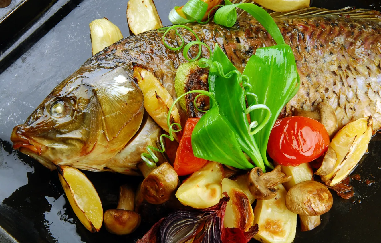 Photo wallpaper mushrooms, fish, vegetables, potatoes