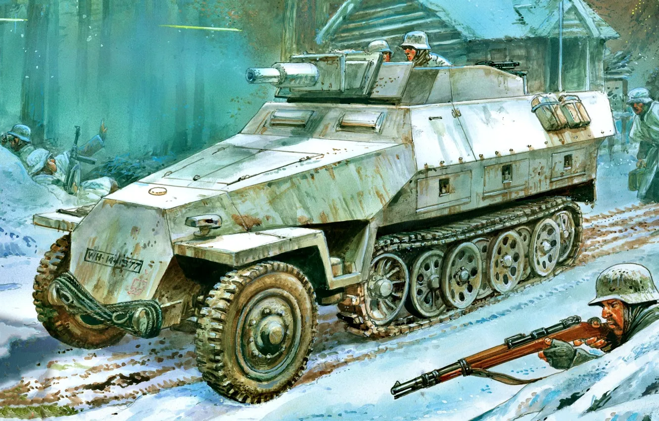 Photo wallpaper Winter, Snow, The Wehrmacht, APC, Sd.Car.251, WWII, Soldiers, Sd.Car.251/9 Ausf.D Butts