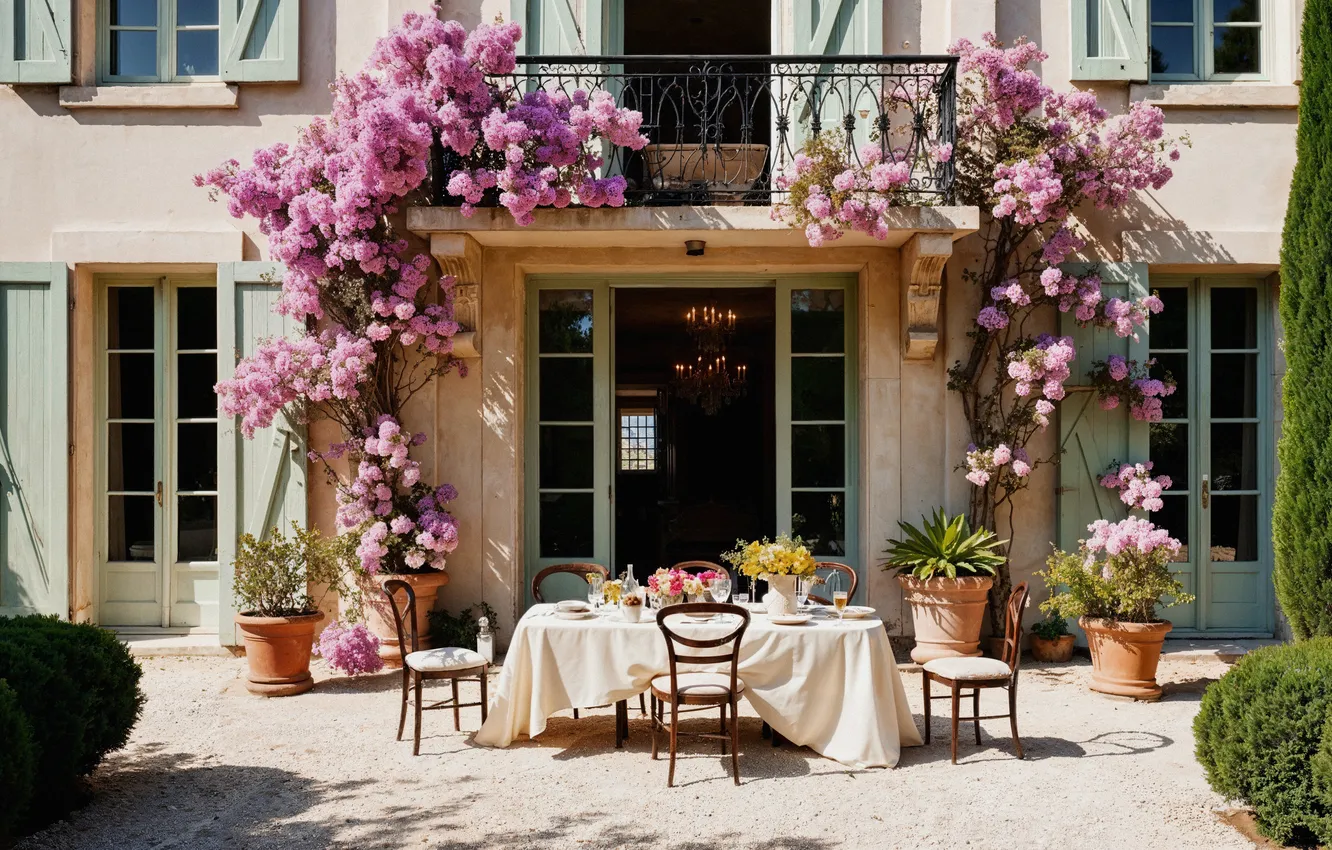 Photo wallpaper the sun, flowers, home, balcony, summer, house, sunshine, vacation