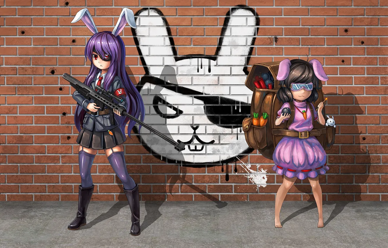 Photo wallpaper gun, wall, game, graffiti, soldier, touhou, dress, weapon