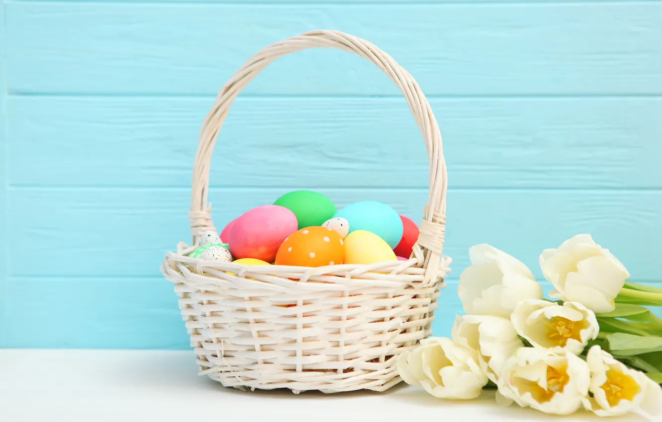 Photo wallpaper flowers, eggs, spring, colorful, Easter, tulips, wood, flowers