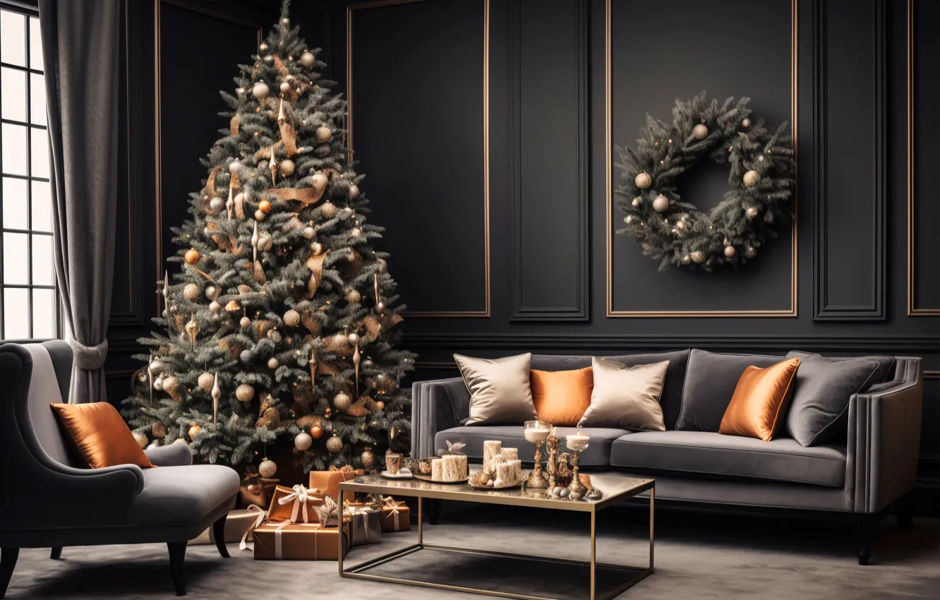 Photo wallpaper decoration, house, room, sofa, balls, tree, interior, New Year