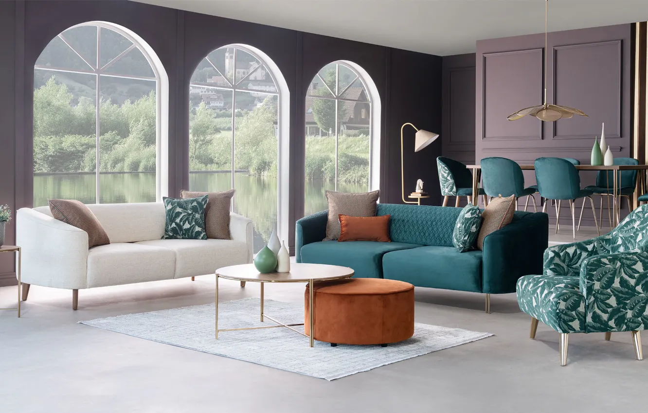 Photo wallpaper design, style, Villa, interior, living room, dining room, upholstered furniture