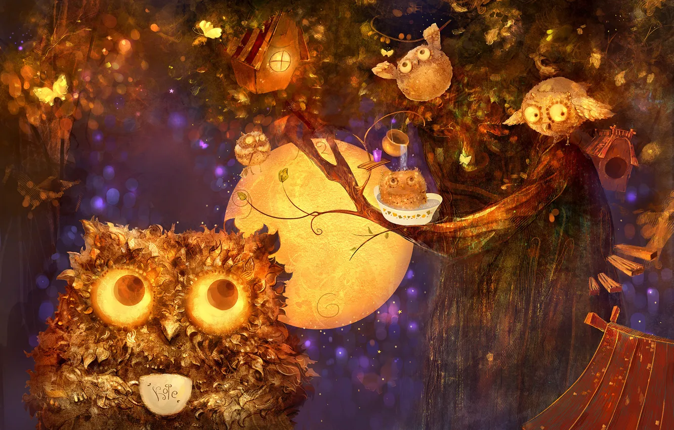 Photo wallpaper trees, night, owl, art, Illustrator, children's, Polina Yakovleva