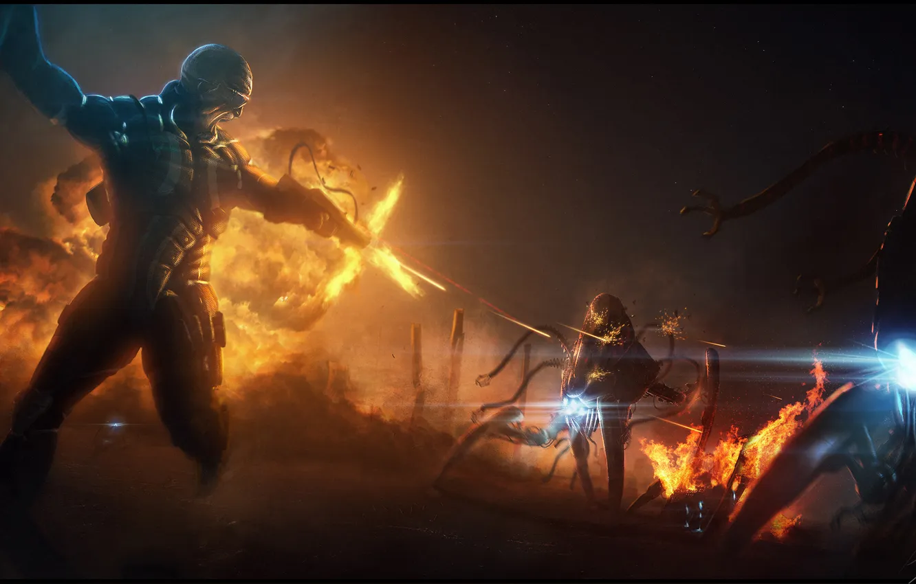 Photo wallpaper the explosion, flame, monster, shot, soldiers, armor, laser sight