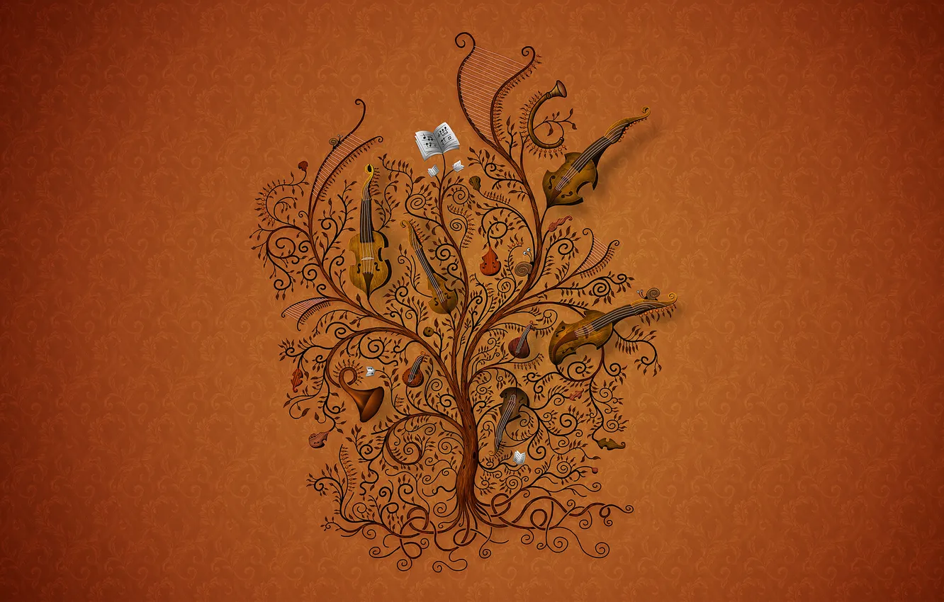 Photo wallpaper trees, notes, music, violin, texture, pipe, harp, tool