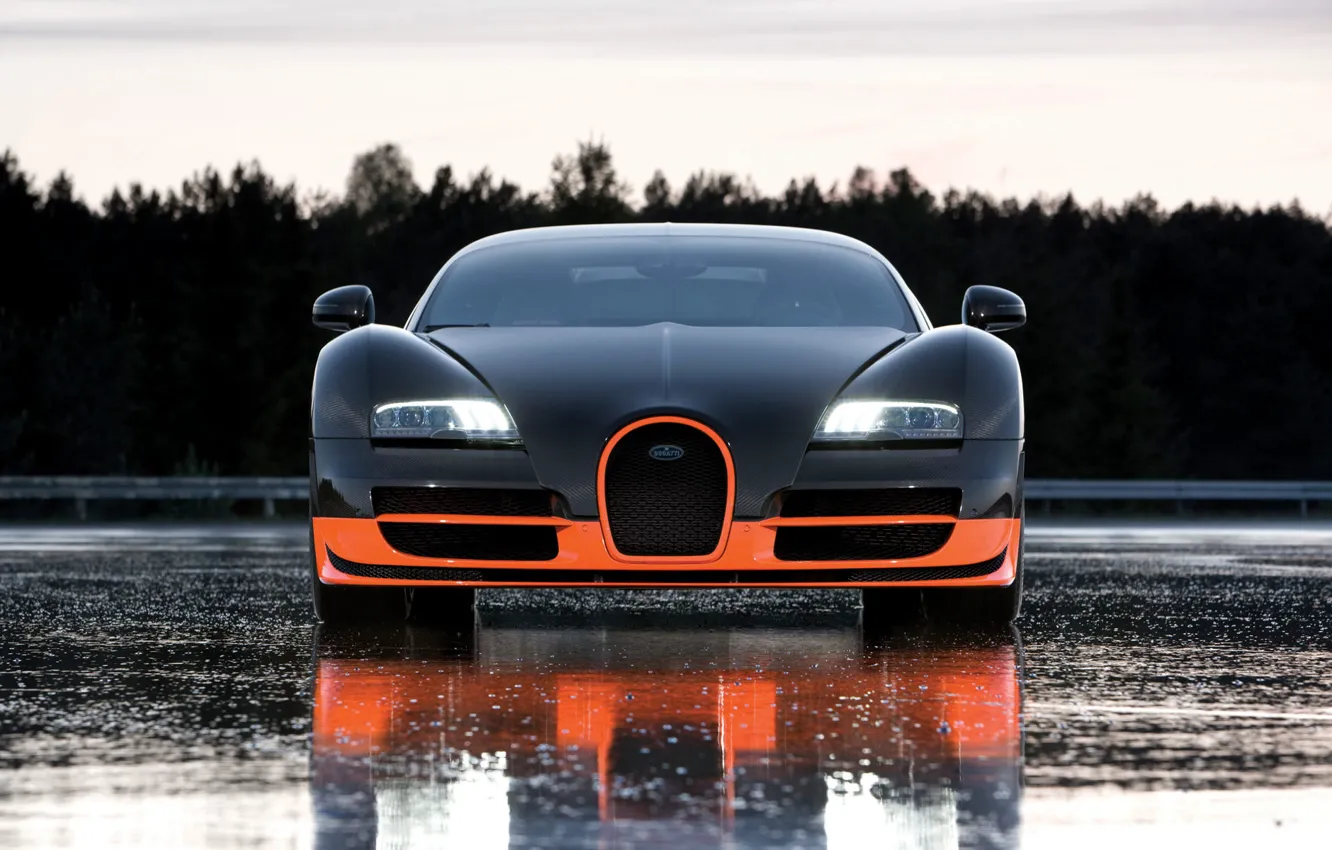 Photo wallpaper road, view, wet, Bugatti, front