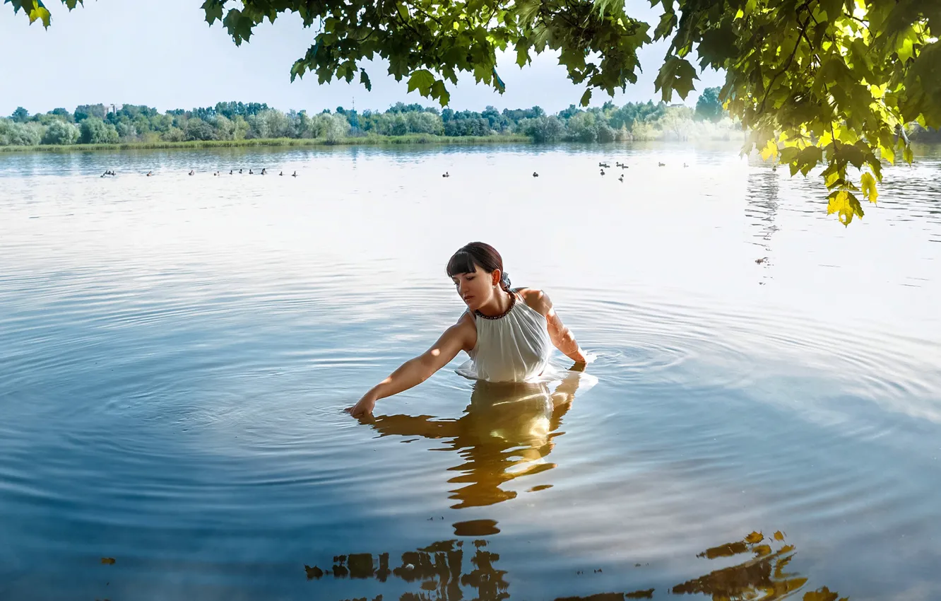 Photo wallpaper summer, water, girl, trees, nature, river, dress