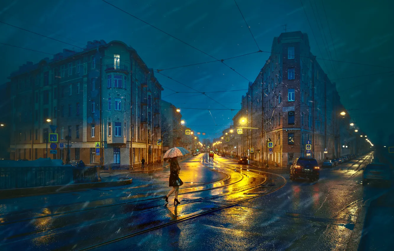 Photo wallpaper road, the city, rain, building, home, the evening, Peter, Saint Petersburg