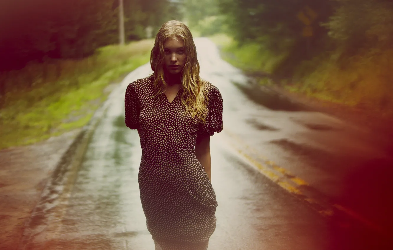 Photo wallpaper road, eyes, rain, model, wet, dress, blonde, girl