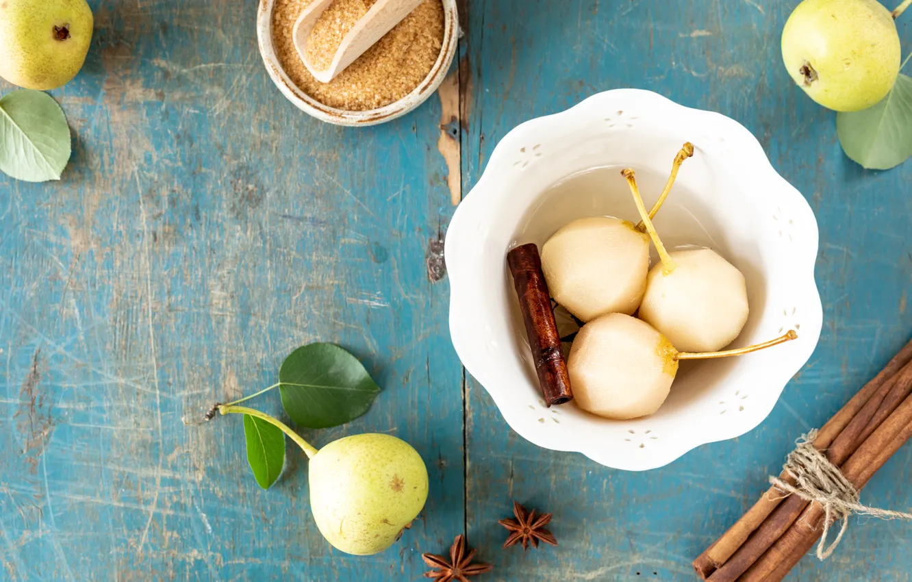 Photo wallpaper Cup, sugar, drink, bowl, cinnamon, pear, blue background, compote