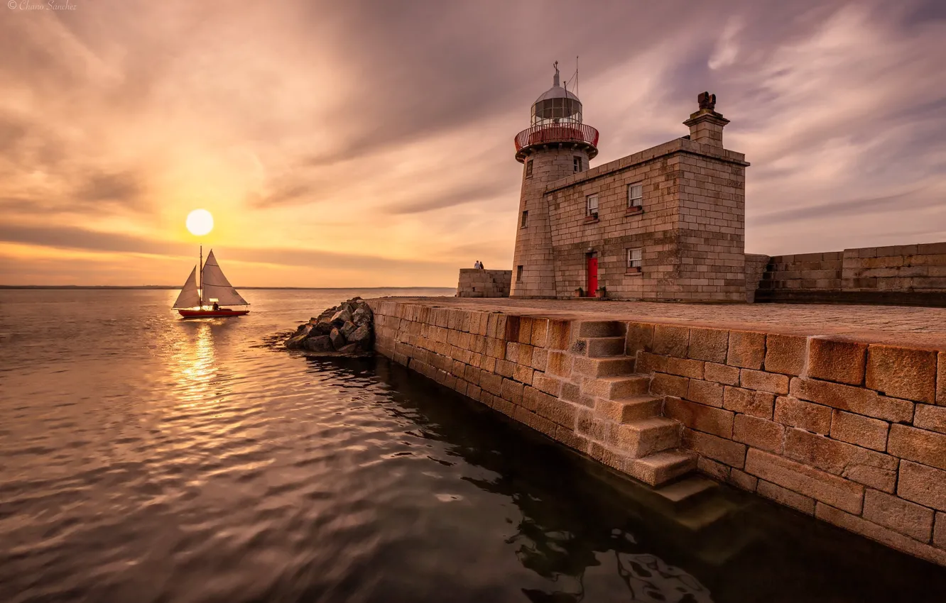 Photo wallpaper sea, landscape, sunset, nature, lighthouse, sailboat, beauty